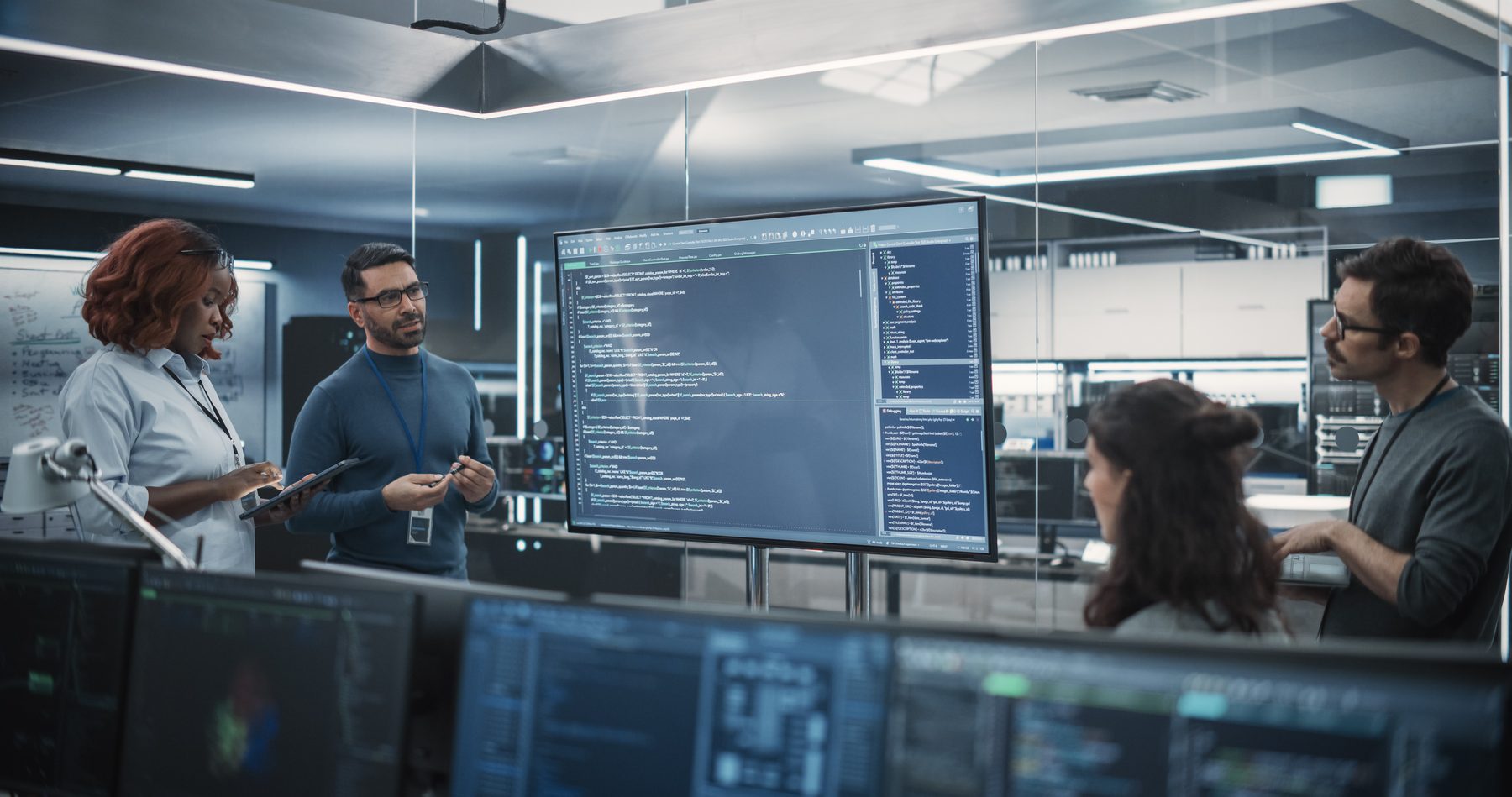 Diverse software team reviewing work during an office presentation